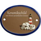 Keramikschild 9,5 x 7,0 cm Zwei Schafe vor Leuchtturm braun