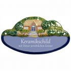 Keramikschild 17,5 x 10,0 cm Landhaus mit B�umen hellblau