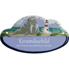 Keramikschild 17,5 x 10,0 cm Gro�es Walro� mit kleiner Robbe hellblau