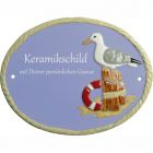 Keramikschild 19,0 x 14,5 cm Eine M�we auf einem Poller hellblau