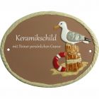 Keramikschild 19,0 x 14,5 cm Eine M�we auf einem Poller braun