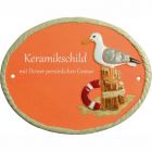 Keramikschild 19,0 x 14,5 cm Eine M�we auf einem Poller terracotta