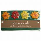 Keramikschild 16,5 x 8,5 cm vier Bl�ten mit gr�nem Rand braun