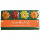 Keramikschild 16,5 x 8,5 cm vier Bl�ten mit gr�nem Rand terracotta