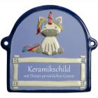 Keramikschild 14,0 x 12,0 cm Einhorn - blauer Rand hellblau