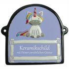 Keramikschild 14,0 x 12,0 cm Einhorn - schwarzer Rand hellblau