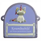 Keramikschild 14,0 x 12,0 cm Einhorn - violetter Rand hellblau